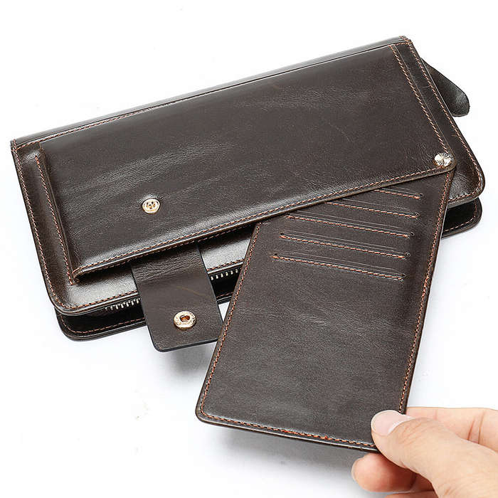 Black - Ekphero Men Genuine Leather Wallet Men Phone Clutch Retro Long Wallets Hand Money Purse Cow