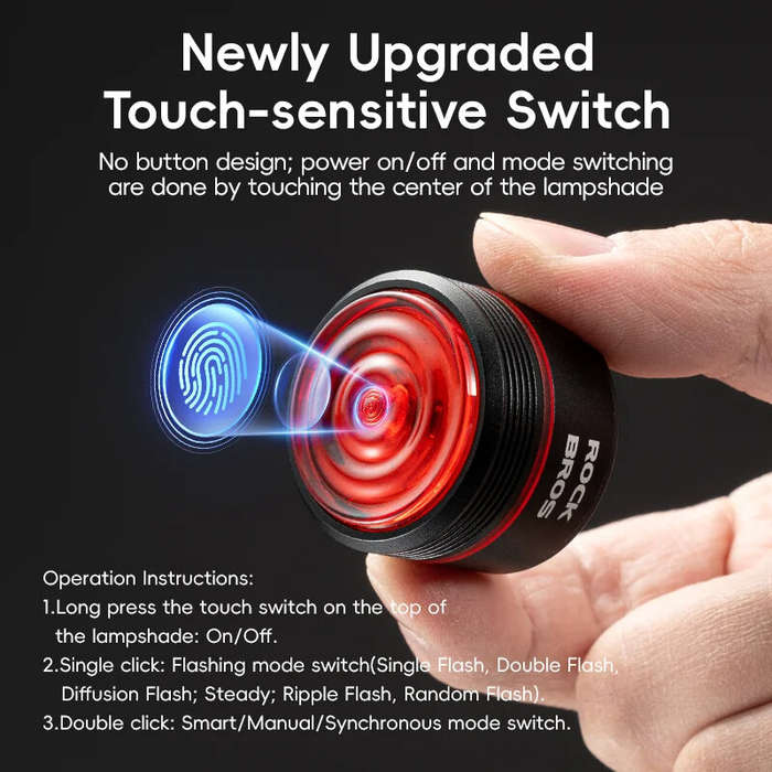 Black - ROCKBROS BL-S2 Smart Brake Sensing Bike Taillight 400mAh Battery Touch Control Light Sensing