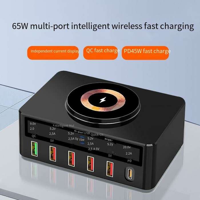 WLX-818H 65W 6-Port USB PD Charger 5USB-A+USB-C PD QC3.0 Fast Wireless Charger Desktop Charging Stat