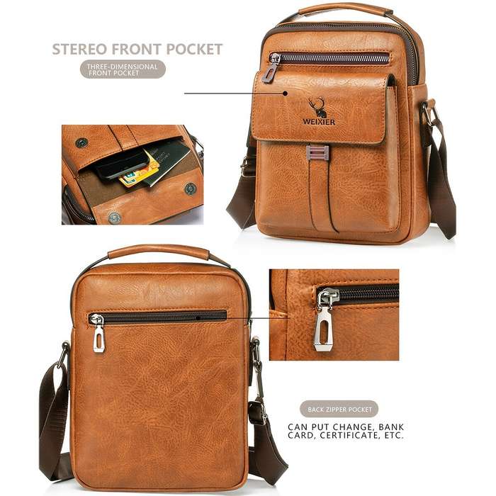 Dark Brown - WEIXIER PU Leather Men's Messenger Bag Trend Retro Business Men's Shoulder Bag Waterpro