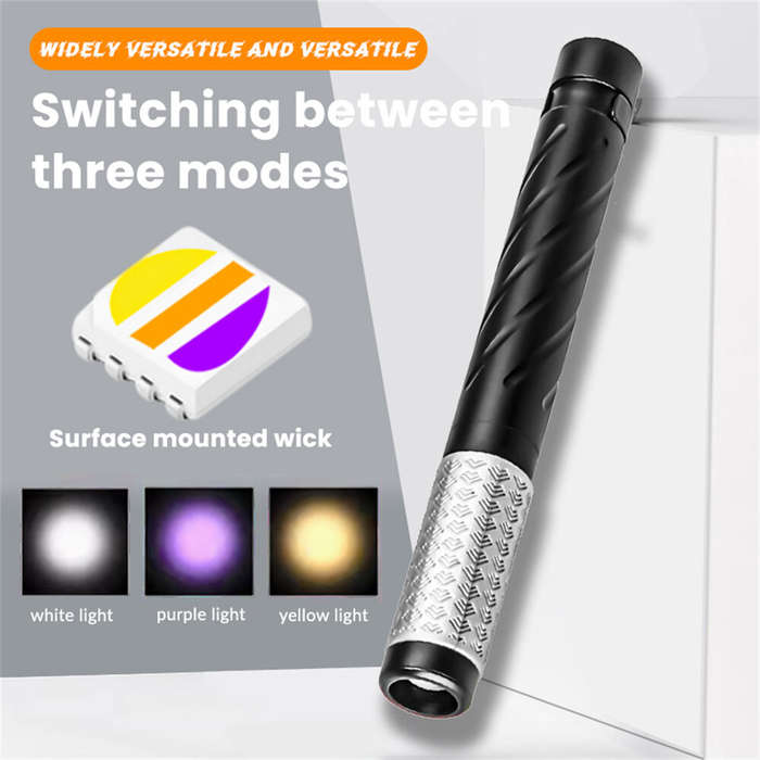 Black - Multifunctional Portable LED Flashlight - White Light, Yellow Light, UV Light Penlight with