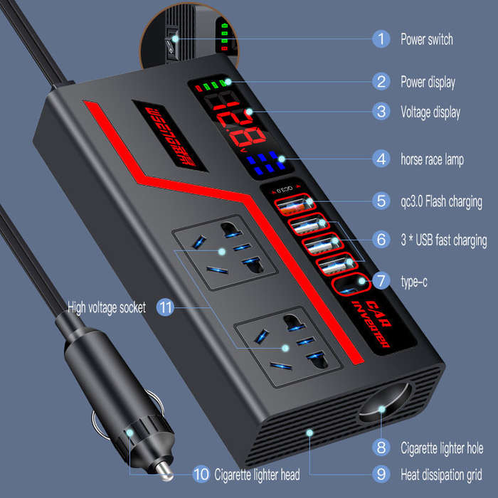 A - Car Inverter 12V to 110V 24V to 220V Multi-functional 200W Car Truck Converter Intelligent Digit