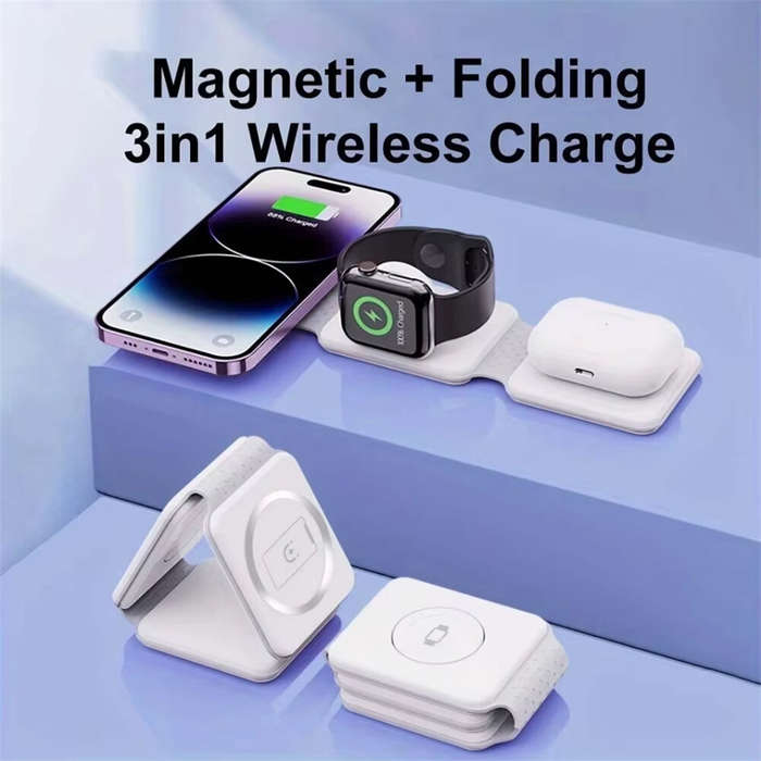 White - 3-in-1 Magnetic Wireless Charger Foldable Design 15W Fast Charging Multi-Device Compatibilit