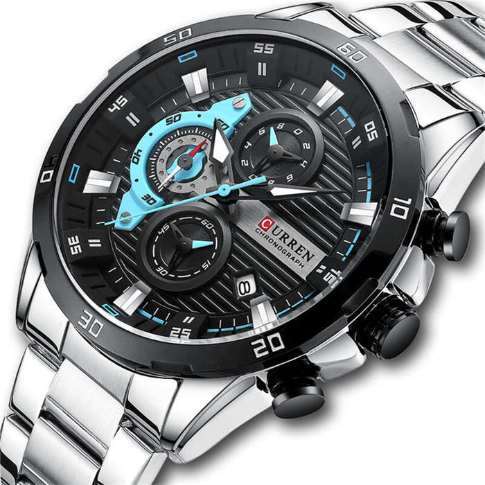 Silver - CURREN Fashion Men Stainless Steel Strap Quartz Watch Multi-function Chronograph Waterproof
