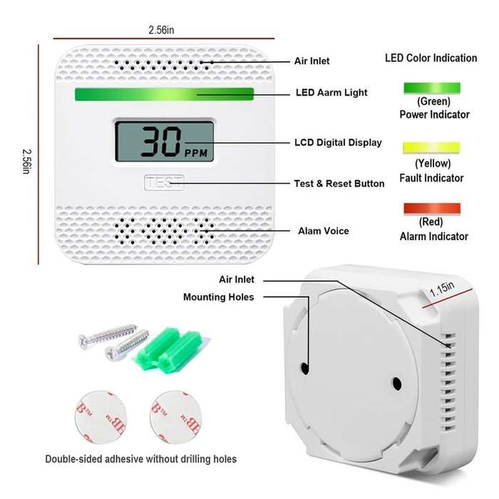 White - EcoSafe Compact Carbon Monoxide Sensor Lightweight Portable Safety Alert Device Digital Read