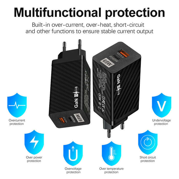 Black - [GaN Tech] USLION PD65W 2-Port USB PD Charger USB-C+USB-A PD QC3.0 Fast Charging Wall Charge