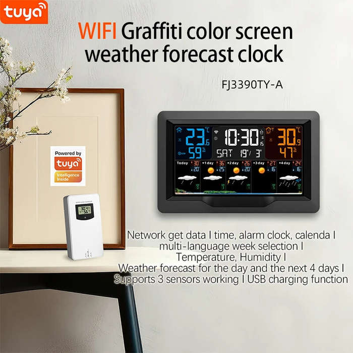 Tuya WIFI Smart Weather Station Color Screen APP Control Weather Alarm Clock Indoor and Outdoor Temp