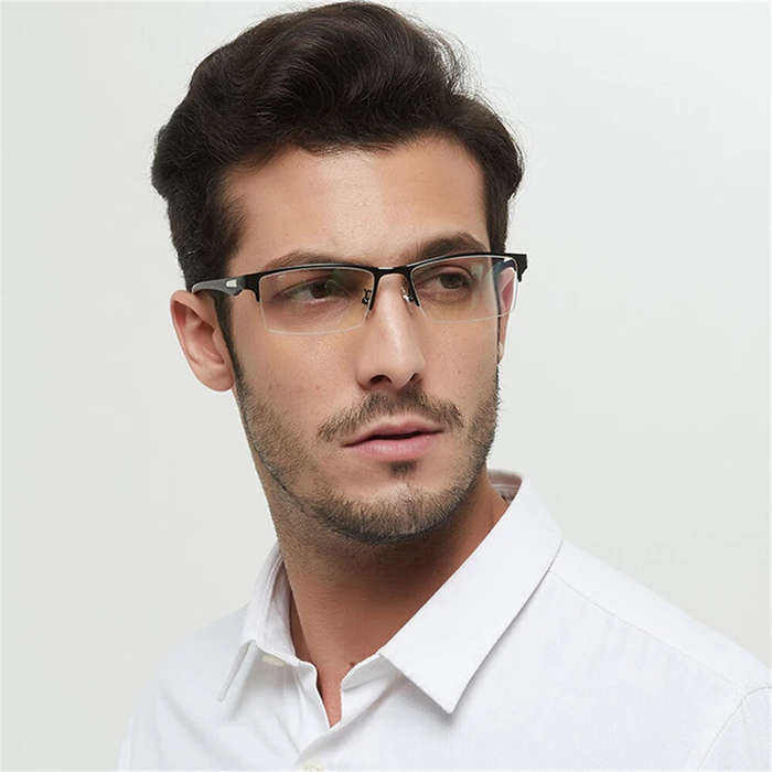 +300 - Anti-blue Light Ultra-light Mens Business Half Rimless Reading Glasses Metal Rectangular Pres