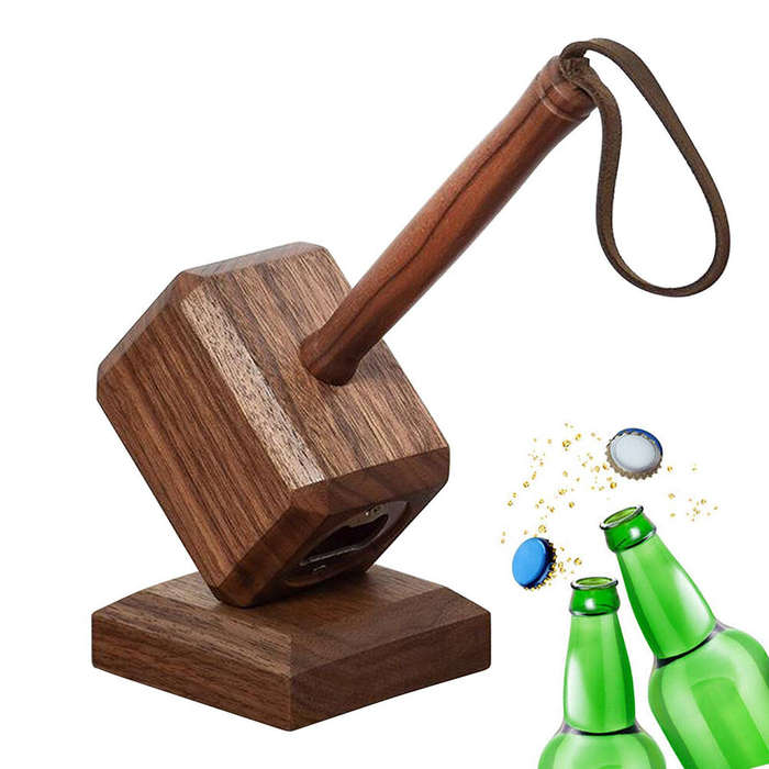Brown - Creative Wooden Retro Bottle Openers Multifunction Hammer Shaped Drinks Corkscrew Long Handl