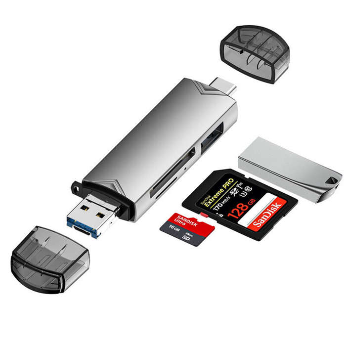 Grey - DM-HC61 6-in-1 OTG Type-C SD TF Card Reader USB 3.0 Micro USB Flash Drive Adapter 5Gbps High