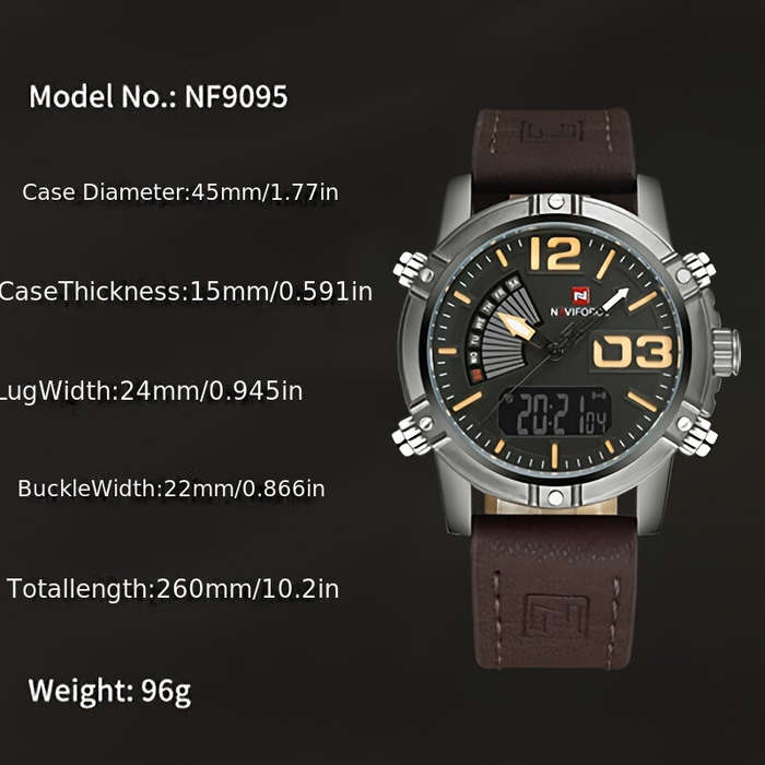 Brown - NAVIFORCE Fashion Sport Digital Watches Analog Date Clock Luminous Waterproof Genuine Leathe