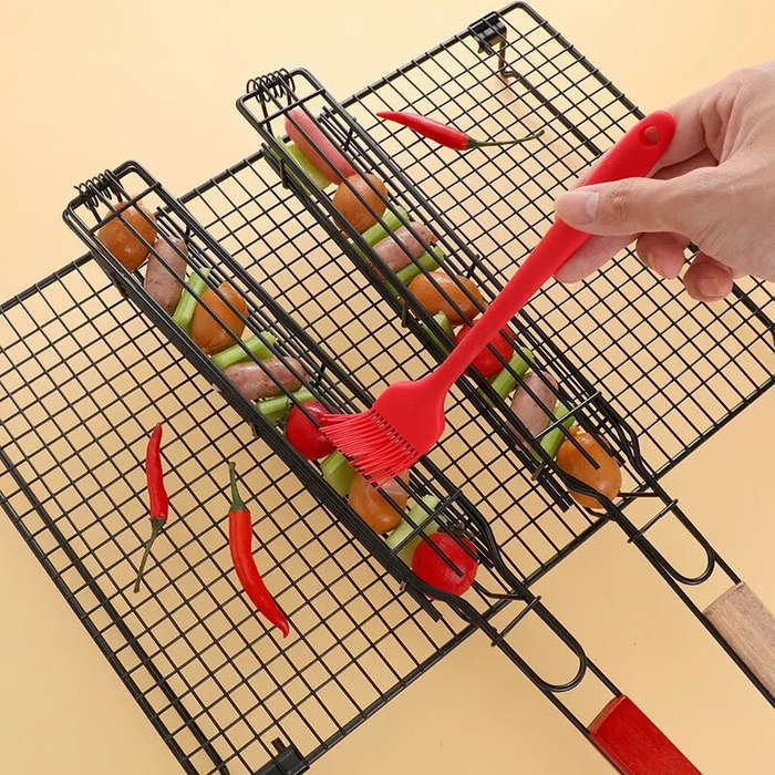Type B - 2PCS Stainless Steel Wooden Handle BBQ Grill Basket Sausage Hot Dog Basket Non-stick Barbec