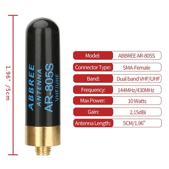 50mm - ABBREE AR-805S Dual Band Antenna 144MHz 430MHz 10W SMA-Female Connector High Gain Compact Des