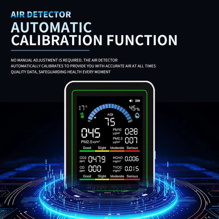 Black - 10In1 Air Quality Monitor CO Formaldehyde PM2.5 TVOC Humidity Temperature Detector LCD Displ