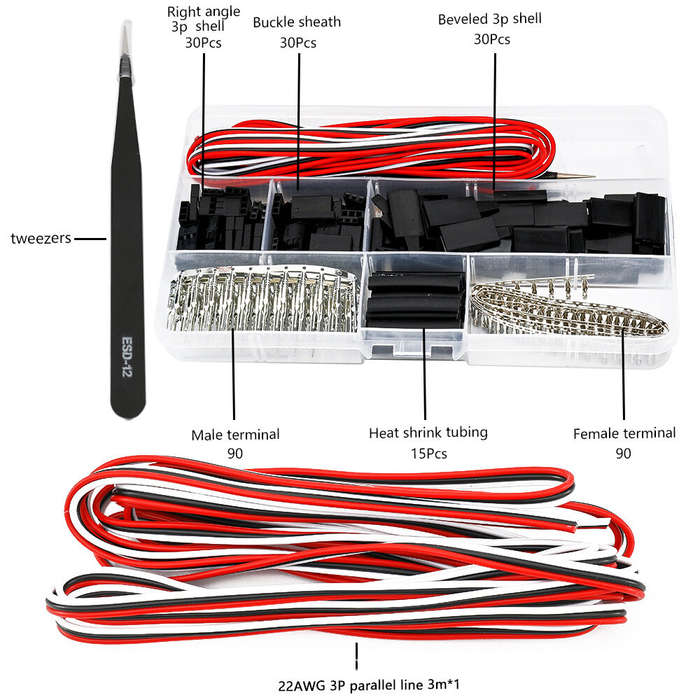 with box - JR 3P Connector Kit 22AWG 3 Meter Cable 0.8A 300V Secure Locking Heat Shrink Tubing RC Mo