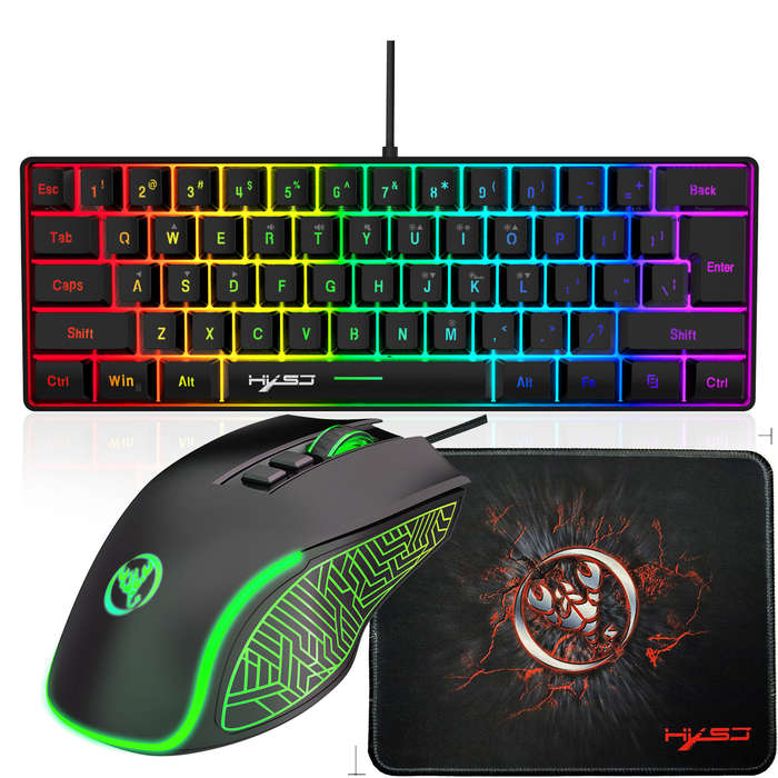 White - HXSJ X100+V700 61 Keys Wired Keyboard Mouse Set RGB Backlit Gaming 3600DPI 6 Buttons Program