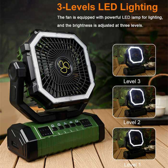 Black - IPRee Camping Portable Desk Fan with LED Light, 20000mAh Battery Rechargeable Quiet Camping