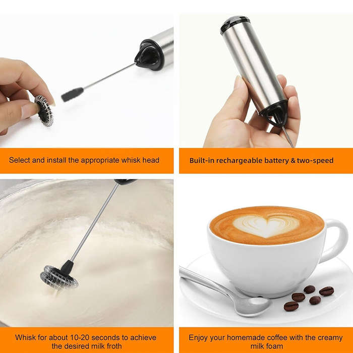 Silver - Portable Electric Milk Frother USB Rechargeable Egg Beater Matcha Frother Coffee Cappuccino