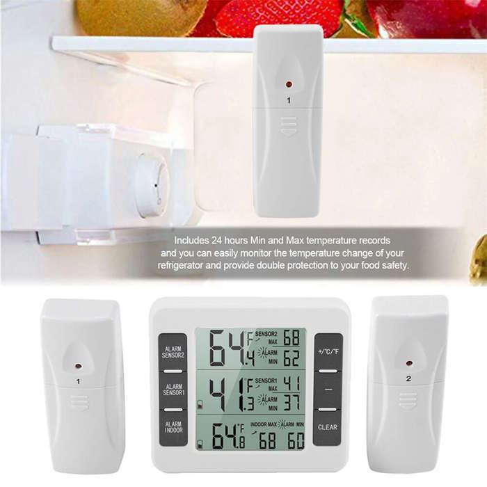 white - Home Indoor Wireless Digital Audible Alarm Refrigerator Thermometer with 2PCS Sensor Min/Max