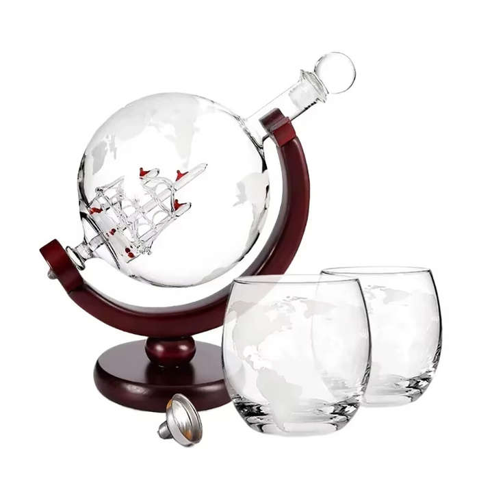 Type 1 - Creative Globe Decanter Set with Lead-free Carafe Exquisite Wood-stand 2 Glasses Whiskey De