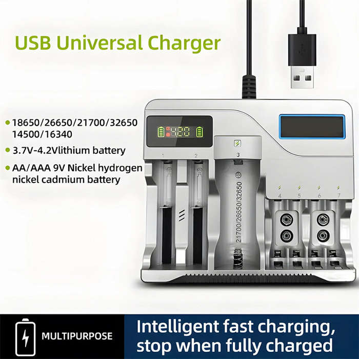 Silver - MS-5D889 18650 Battery Charger 7 Slots LCD Rechargeable Batteries Charging For 4.2V AA AAA