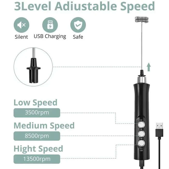 White - 1200mAh Handheld Electric Egg Beater Coffee Milk Frother 3 Speeds Cordless Rechargeable Elec