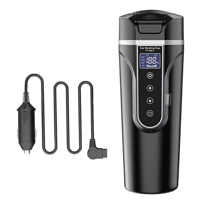 Black - 450ml 12V 24V Car Electric Kettle Cup Stainless Steel Smart Temperature Control Display Port