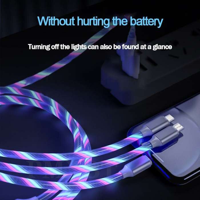 1M - 3 in 1 Glowing Cable LED Light USB to Type-C/Micro/iP Cable Fast Charging 1M Long for iPhone 14