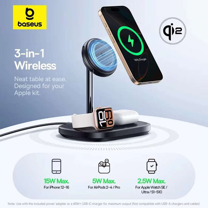 Black - Baseus EnerFill FS41 15W 3-in-1 Magnetic Wireless Charger Fast Wireless Charging Stand with