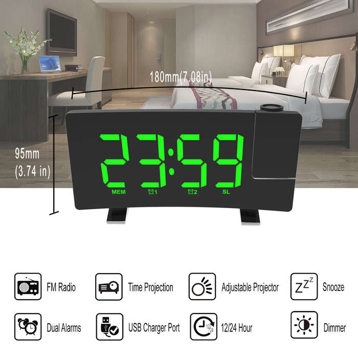 Blue - AGSIVO 8 Inch Projection Alarm Clock with 180 Rotatable Projector / FM Radio / Snooze / 3-Lev