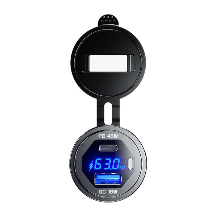 Blue Light - 12-24V 63W Metal Car Charger Socket 45W PD + 18W QC3.0 with LED Voltage/Power Display O