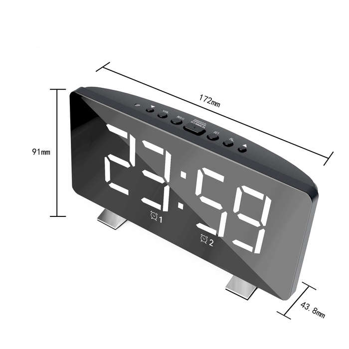 Red - LED Mirror Digital Alarm Clock USB Charging Brightness Adjustable 10 Music Option Power off Me
