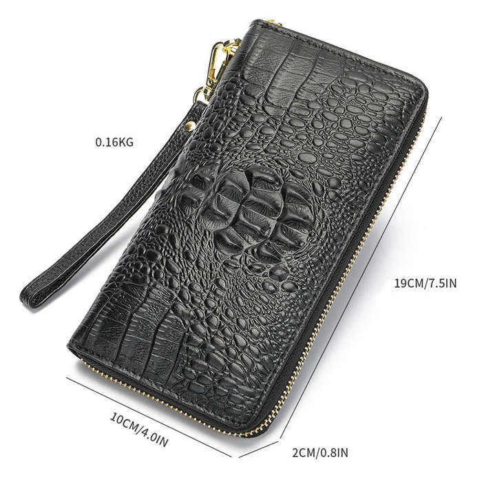 Black - Ekphero Genuine Leather Crocodile Texture Wallet Unisex Long Business Handheld Bag Zipper Ca