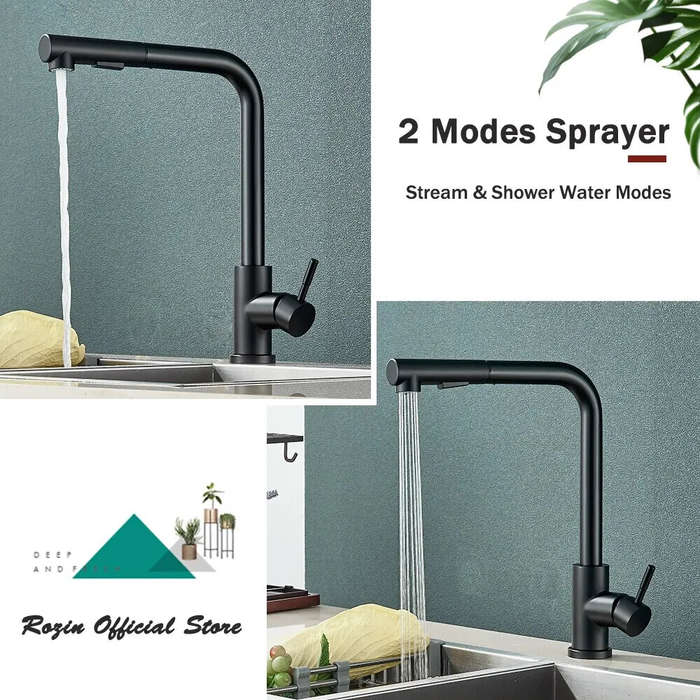 Black - 304 Stainless Steel Pull-out Faucet with 2 Modes Pull Out Kitchen Sink Faucet Stainless Stee