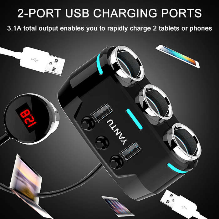 YANTU 12V-24V Car Charger Charging Port 3.1A QC3.0 Fast Charger Car Power Socket With 3 Charging Cab
