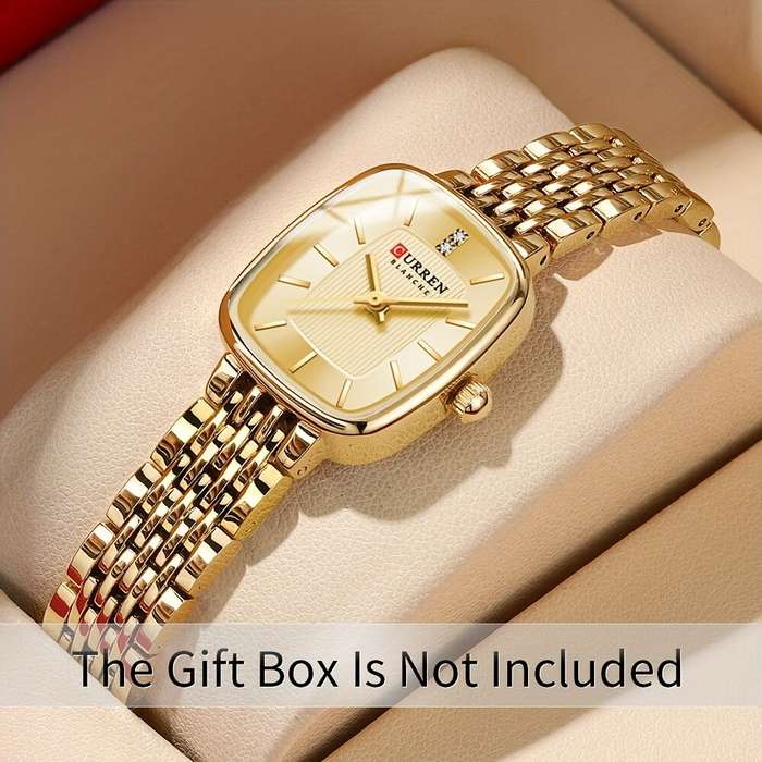 Gold/Black - CURREN Fashion Rhinestone Deco Stainless Steel Strap Square Quartz Watch Waterproof Cas