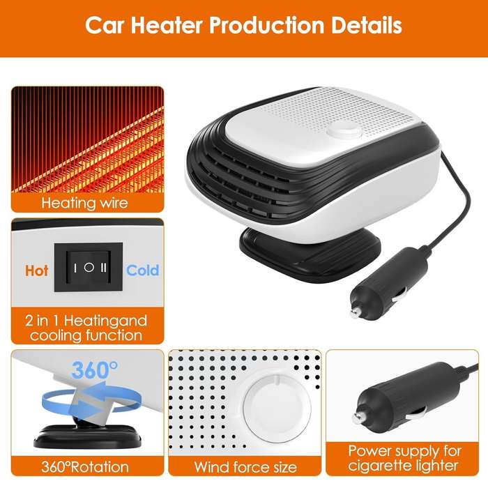 White - 12V Car Heater Fan Car Electric Heater Fan Winter Defog With Fast Heating Heater Portable Ca