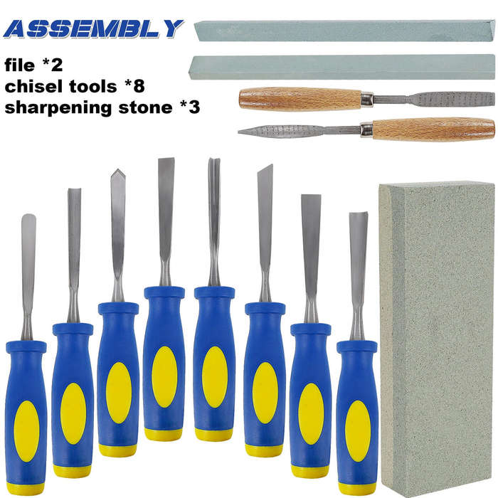 #A - 13 PCS Wood Chisel Set Carbon Steel Blades Rubber Handles Including Rasps Sharpening Stones and