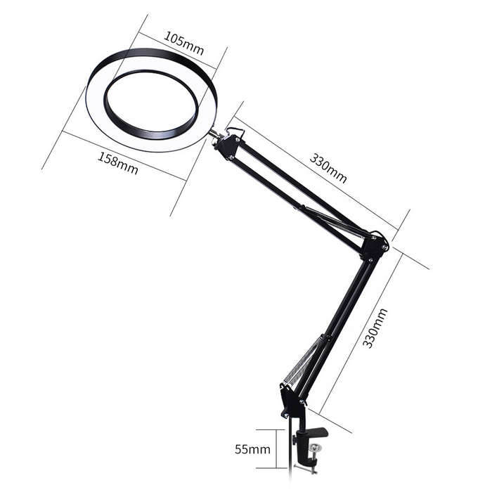 DANIU Flexible Desk Large 5X USB LED Magnifying Glass 33cm+33cm Bracket 3 Colors Illuminated Magnifi