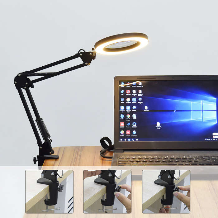 DANIU Flexible Desk Large 5X USB LED Magnifying Glass 33cm+33cm Bracket 3 Colors Illuminated Magnifi