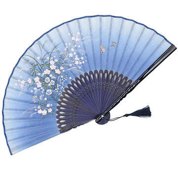 Floral Mini Folding Fan 8.27" Handheld Chinese Silk Fabric Vintage Retro Grassflowe... (COLOR: BLUE)