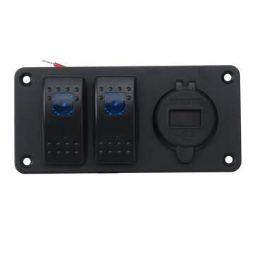 LED Switch Panel 2 Gang Rocker Switch Toggle QC 3.0 USB Blue LED Car Marine Boat