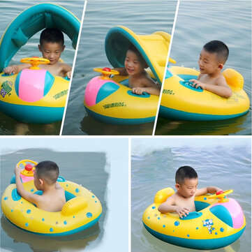 Baby Inflatable Swimming Float Ring PVC Lying Water Seat Boat Sunshade Pool Mattress with Canopy Kid
