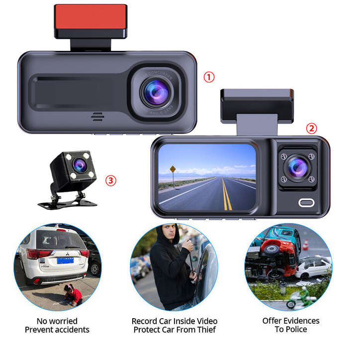 Black - Full HD 1080P Car Front Windshield DVR Camera 3 Lens Dash Cam with Infrared Night Vision Par