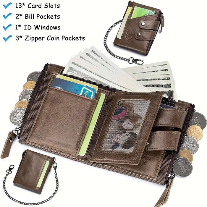 Yellow/Brown - BULLCAPTAIN Genuine Leather Mens Wallet RFID Blocking Short Wallet with Chain Multifu