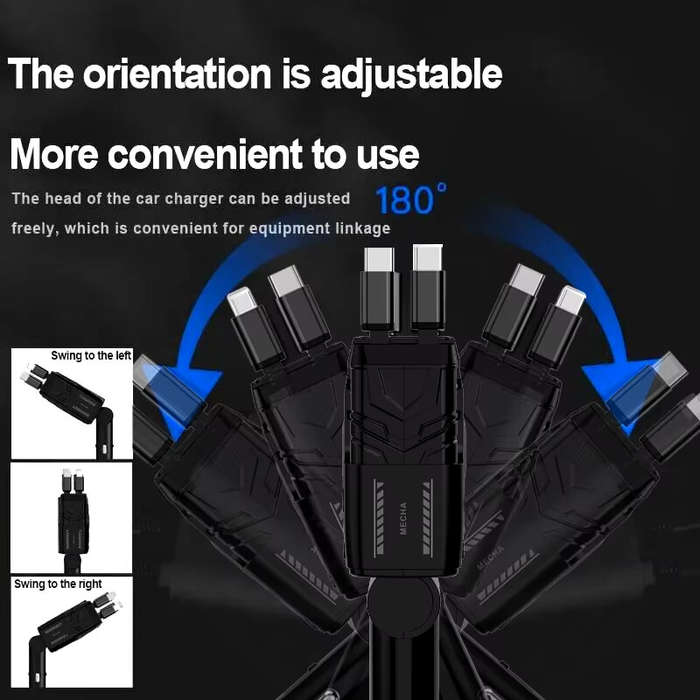 Black - A1 4-in-1 Retractable 120W 2-Port USB PD Car Charger with iP+Type-C Telescopic Cable Support