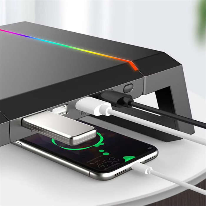 Black - T1 Laptop Monitor Stand Riser RGB Support with USB3.0+3USB2.0 Mobile Phone Holder Drawer Sto