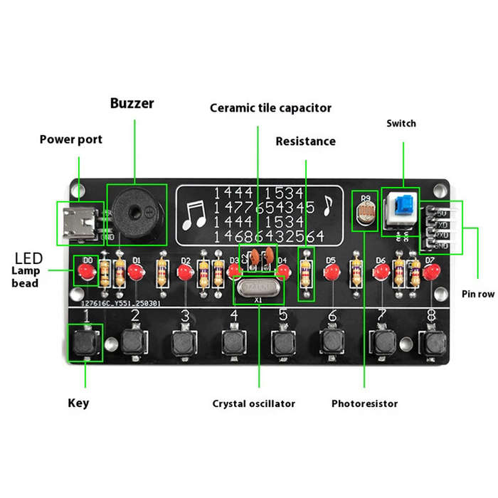 DIY Kit - Electronic Piano Kit 8-key Interface Three-tone 14 built-in Songs LED Lighting Effect 5V P