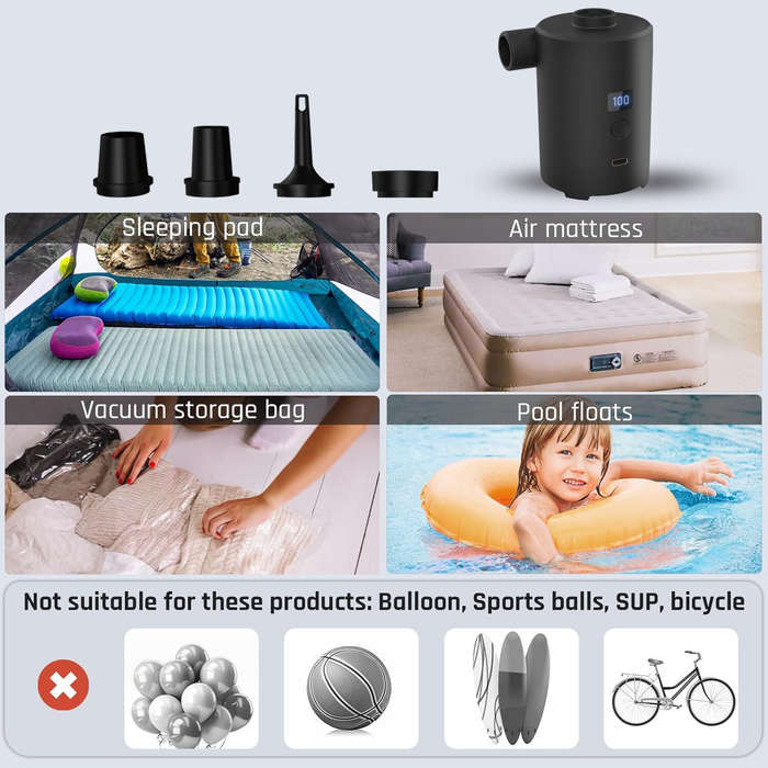 Black - PortableOutdoor Air Pump Mini Air Mattress Pump with Display Screen USB Rechargeable Air Pum