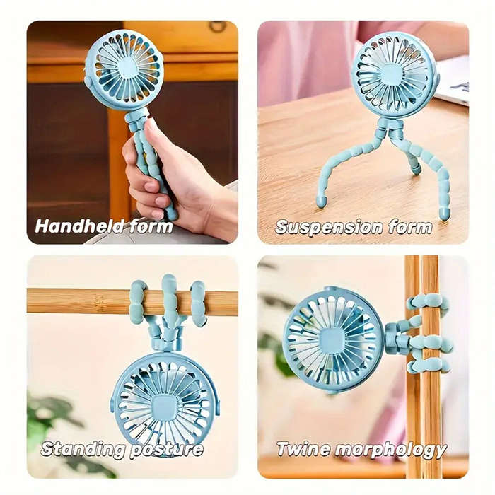 Blue - Compact Portable Octopus Handheld Night Light Cooling Fan 500mAh with Accessories